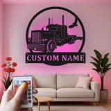 Custom Semi Truck LED Metal Sign | Personalized Trucker Name Art | Big Rig Decor for Man Cave | Gift for Driver