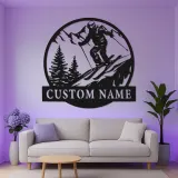 Custom Downhill Skier Metal Wall Art | Personalized LED Ski Decor | Mountain Lodge Sign | Winter Sports Gift