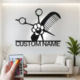 Personalized Pet Groomer Sign | Custom Metal LED Wall Art | Grooming Salon Decor with Name | Scissors & Comb Logo