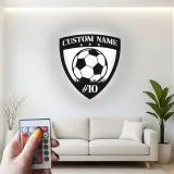 Cartel LED de escudo de fútbol personalizado | Arte mural de metal personalizado para habitación de niños | Regalo de decoración deportiva con nombre y número de jugador