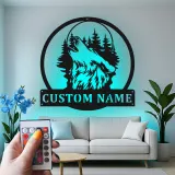 Décoration murale en métal personnalisée de loup hurlant avec rétroéclairage LED - Cadeau personnalisé pour les amoureux de la nature - Décor de cabane rustique 1