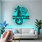Insegna LED con cavalluccio marino | Insegna in metallo personalizzata con fiori | Decorazione nautica per casa al mare e beach house | Regalo per chi ama l'oceano