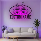 Cartel de metal personalizado con luz LED para pareja de tazas de café, regalo personalizado para cocina o decoración de café