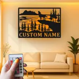 Custom Wolf Howling Landscape Led Light Metal Wall Art Personalized Nature Lover Gift Cabin Decor