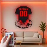 Insegna LED a forma di maglia di calcio personalizzata | Arte murale in metallo per camera di giocatore | Regalo per tifosi di calcio con nome e numero