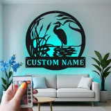 Panneau mural en métal personnalisé héron avec LED | Décoration murale personnalisée pour maison de lac | Cadeau pour amoureux de la nature | Déco oiseau