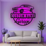 Décoration murale en métal personnalisée avec rétroéclairage LED de voiture classique - Cadeau de garage pour lui