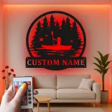 Insegna in metallo personalizzata per kayakista | Insegna LED con scena lacustre personalizzata | Regalo per amanti dell'outdoor | Decorazione per cabin e case al lago