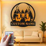 Insegna in metallo personalizzata con luce LED per famiglia di cervi - Regalo personalizzato per cacciatori, decorazione per cabin o lodge