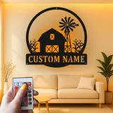 Panneau LED personnalisé de ferme | Décoration murale en métal personnalisée avec grange et éolienne | Décor rustique pour la maison familiale