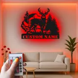 Insegna in metallo personalizzata con luce LED per foresta di cervi - Regalo personalizzato per cacciatori, decorazione rustica per cabin