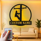 Lineman LED Metal Wall Art | Personalized Electrician Name Sign | Custom Utility Worker Gift