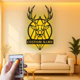 Cartel de metal LED personalizado de ciervo geométrico, regalo personalizado para amantes de la naturaleza, decoración rústica para salón