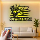 Custom Elk American Flag Led Light Metal Wall Art Personalized Gift for Hunters Rustic Cabin Decor