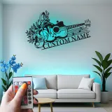 Personalized Guitar LED Sign | Custom Metal Wall Art for Music Room | Floral Musician Gift | Boho Home Decor