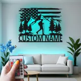 Arte mural de metal personalizado para senderismo | Letrero LED con senderista y bandera de EE. UU. | Regalo para amantes del aire libre
