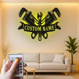Custom Plumber LED Sign | Personalized Metal Tool Art | Workshop & Garage Decor | Pipe Wrench Wall Light