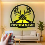 Décoration murale en métal personnalisée avec crâne de cerf et fusils, rétroéclairage LED, cadeau pour chasseur, décoration pour homme ou chalet