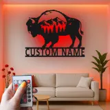 Cartel de metal personalizado con escena de montaña y bisonte iluminado LED, regalo para amantes de la naturaleza, decoración rústica para salas de estar