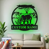 Décoration murale en métal personnalisée Safari Rhinocéros avec rétroéclairage LED Cadeau animalier Décor unique pour les amoureux de la nature