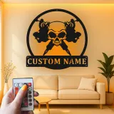 Tattoo Shop LED Sign | Personalized Skull Metal Art for Studios | Custom Tattoo Artist Name Wall Decor