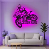 Personalisierte Metall-Wandkunst mit LED-Beleuchtung für Motocross-Fahrer – Geschenk für Dirtbike-Enthusiasten, Garage oder Spielzimmer Dekor