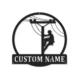 Panneau LED en métal pour lineman | Cadeau personnalisé pour électricien | Décoration murale avec nom sur mesure pour man cave | Déco pour professionnel des services publics