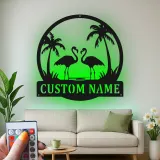 Arte mural de metal LED de flamenco | Cartel tropical personalizado | Decoración de casa de playa | Placa de nombre personalizada para hogares costeros