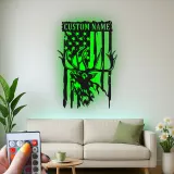 Décoration murale en métal personnalisée avec cerf et drapeau américain, éclairage LED, cadeau personnalisé pour chasseurs, décoration de cabane rustique 3