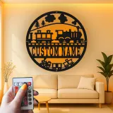 Décoration murale en métal personnalisée avec train en rétroéclairage - Cadeau pour enfants - Décor de chambre de bébé