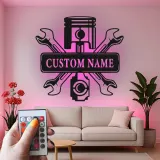 Personalized Mechanic Garage Sign | LED Metal Wall Art with Piston & Wrenches | Custom Automotive Decor for Car Enthusiasts