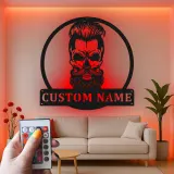 Bearded Skull LED Metal Sign | Personalized Man Cave Wall Art | Custom Name Sign for Barbershop, Garage, or Studio Decor