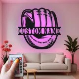 Insegna in metallo personalizzata con luce LED per guanto da baseball - Regalo personalizzato per appassionati di baseball e decorazione per stanze sportive