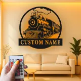 Décoration murale en métal personnalisée de train à vapeur avec rétroéclairage LED - Cadeau pour passionnés de trains, décoration pour man cave ou bureau