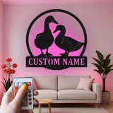Insegna in metallo LED personalizzata con coppia di anatre - Regalo per fattoria, decorazione rustica per cucina o giardino