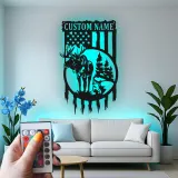 Letrero LED personalizado con alce y bandera estadounidense | Arte mural de metal personalizado | Decoración rústica para cabaña para amantes de la vida al aire libre