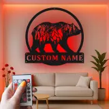 Custom Bear and Mountain Scene Led Light Metal Wall Art Personalized Nature Lover Gift Cabin Decor