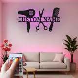Enseigne LED pour coiffeur | Décor de salon en métal personnalisé avec nom | Cadeau personnalisé pour coiffeur et décoration murale pour studio beauté