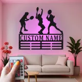 Cartel LED de jugadora de tenis personalizada | Arte mural de metal con nombre personalizado | Decoración deportiva femenina | Regalo para entrenador o atleta