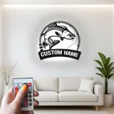 Panneau de pêche personnalisé avec LED | Décoration murale en métal sur mesure de bar | Déco prénom de pêcheur pour maison de lac et chalet
