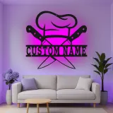 Décoration murale en métal personnalisée Chapeau de Chef et Couteaux avec rétroéclairage LED