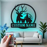 Cartel de metal personalizado con silueta de ciervo y luz LED, regalo para amantes de la naturaleza, decoración rústica para cabañas