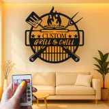 Custom Grill & Chill LED Metal Sign | BBQ Patio Wall Decor | Outdoor Kitchen Art | Personalized Gift for Grill Master Dad