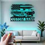 Décoration murale en métal personnalisée de voiture classique avec rétroéclairage LED - Cadeau pour passionnés de voitures - Décor de garage ou de man cave 1