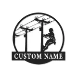 Lineman LED Metal Wall Art | Personalized Electrician Gift | Custom Name Sign for Industrial Decor, Man Cave | RGB Light Up Utility Pole