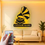 Arte Murale in Metallo LED con Gramofono | Regalo Personalizzato per Amante della Musica | Insegna con Nome Personalizzato per Decorazione Retro di Casa e Studio