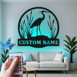 Insegna in metallo personalizzata con Airone e luci LED | Arte murale di fauna selvatica personalizzata | Decorazione per patio esterno per casa al lago | Regalo per amanti degli uccelli