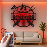 Custom Grill & Chill LED Metal Sign | BBQ Patio Wall Decor | Outdoor Kitchen Art | Personalized Gift for Grill Master Dad