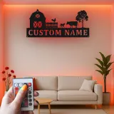 Cartel de Granja Personalizado | Decoración de Metal de Granja con LED | Arte de Pared con Nombre Familiar Rústico para la Sala de Estar