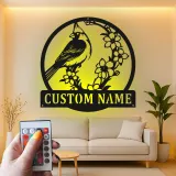 Décoration murale en métal personnalisée avec lumière LED cardinal et fleurs